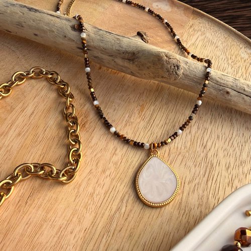 Collier en œil de tigre, nacre & acier inoxydable – garance | collection terre de sienne