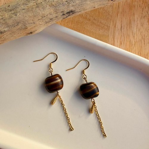 Boucles d’oreilles en acier inoxydable & perle en verre – ambre | collection terre de sienne