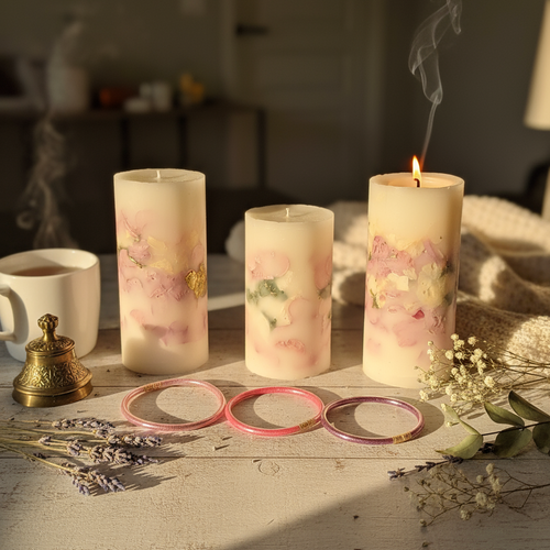 Coffret artisanal : 3 grandes bougies pilier et  3 joncs bracelets