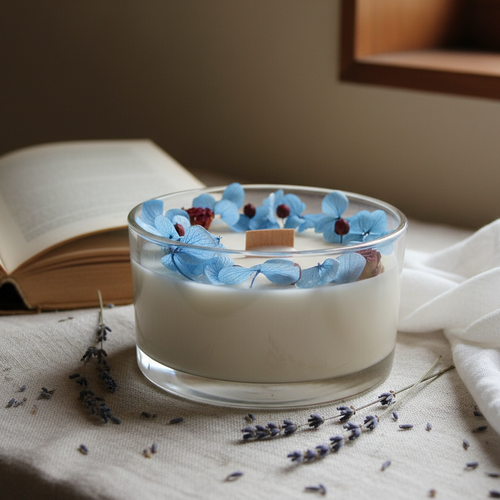 Bougie artisanale 350g – cire de soja naturelle, fleurs séchées bleues & mèche en bois