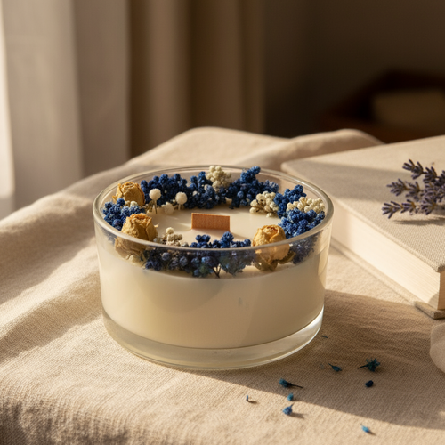 Bougie artisanale 350g en cire de soja – fleurs séchées bleu profond, mèche en bois – décoration poétique fait main