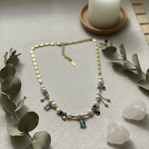 Collier artisanal perles & pierres fines – chaînes acier doré inoxydable – bijou  élégant