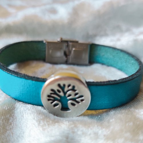 Bracelet en cuir turquoise avec tranches noires et coulissant arbre, finition argent vieilli