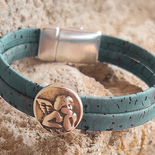 Bracelet "ange" - bracelet en liège bleu-gris avec coulissant "ange" - idée cadeau fête des mères