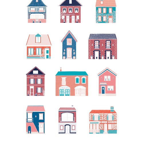 Affiche série de petites maisons au format a4 ou a3 - couleurs douces