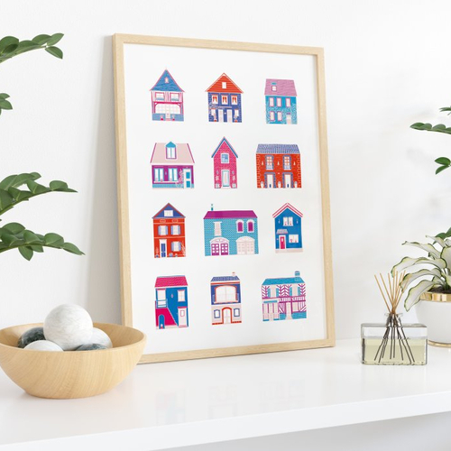 Affiche série de petites maisons au format a4 ou a3 - couleurs vives