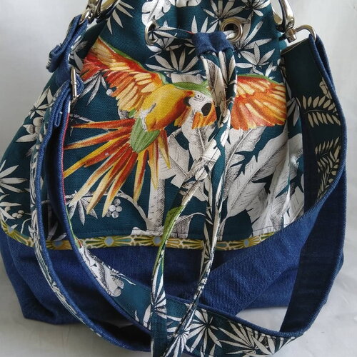 Sac seau en tissu motif tropical, sac motif perroquet, sac à bandoulière, sac seau,  sac femme,  sac de plage