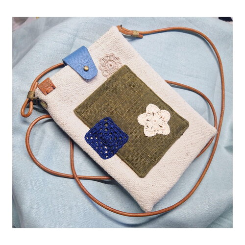 Pochette téléphone bandoulière cordon en cuir, etui téléphone tissu en lin, petit sac pour smartphone, portefeuille à bandoulière