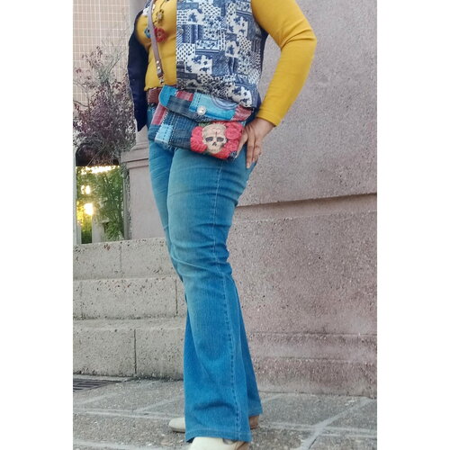 Sac man à bandoulière, pochette style boro, sac à main tissu recyclé, sac brodé main