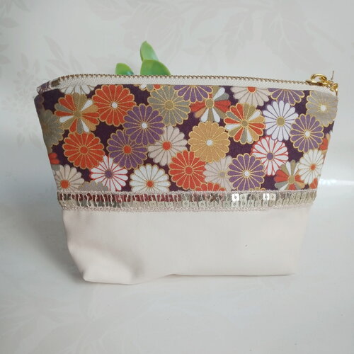 Trousse à maquillage, fourretout, cadeau femme, coton japonais,  ruban à pailles or et similicuir crème