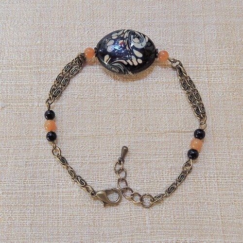 Bracelet perle de verre ovale noir et aventurine et métal bronze