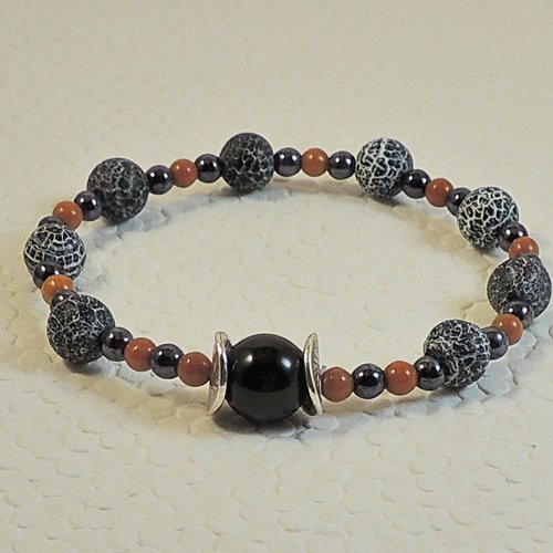 Bracelet perles en agate craquelées noir de lave, onyx et perles de verre tchèque