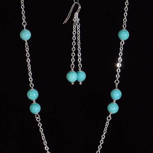 Parure en perles de jade couleur turquoise, collier et boucles d'oreilles en métal argenté 