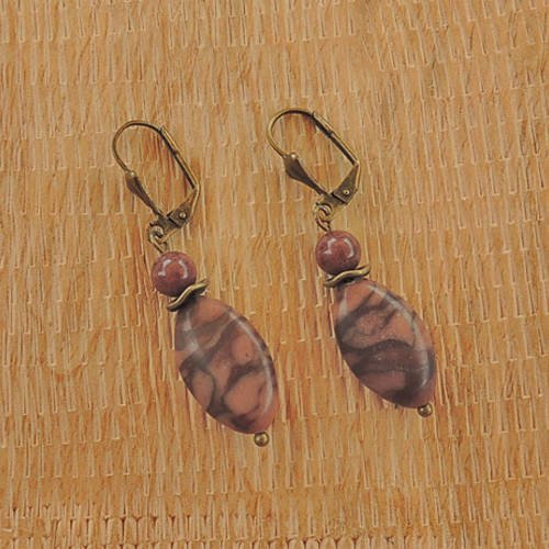 Boucles d'oreilles perles de jaspe zèbre marron et métal bronze