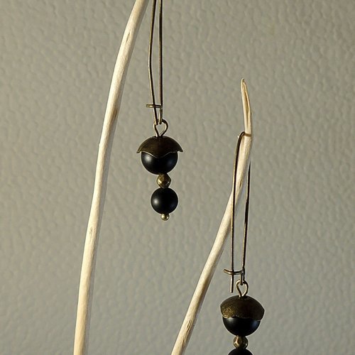 Boucles d'oreilles perles en onyx et métal bronze