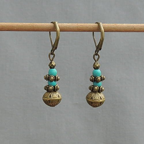 Boucles d'oreilles perles métal bronze et turquoise