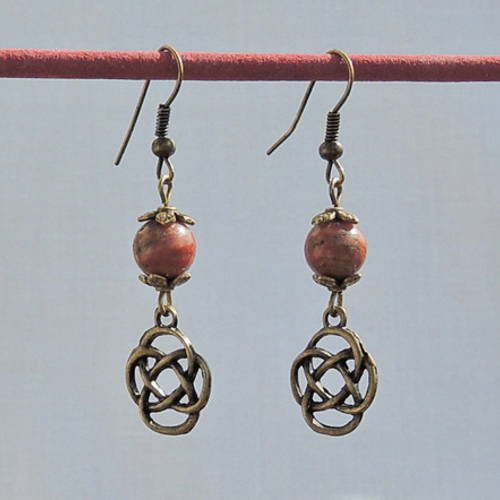 Boucles d'oreilles perles de jaspe et nœud chinois en métal bronze 