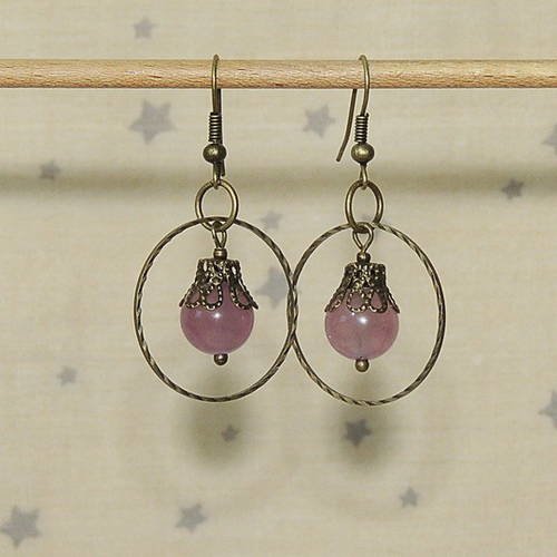 Boucles d'oreilles perles de jade rose sur anneaux métal bronze 