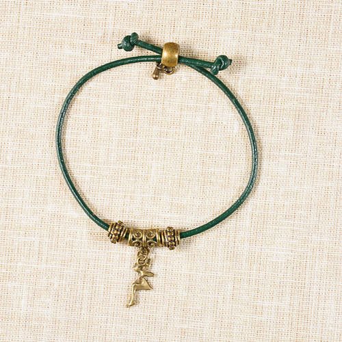 Bracelet coulissant en cuir vert et perles de métal bronze 