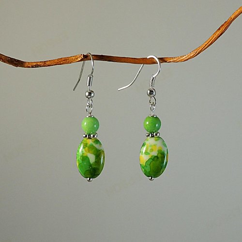 Boucles d'oreilles perles de jade boulier océanique vert, jaune, blanc et métal argenté