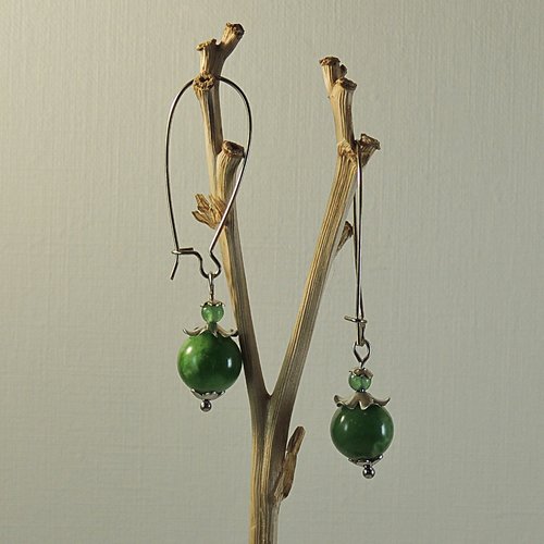 Boucles d'oreilles perles en jade de russie, petite aventurine et perles métal en acier inoxydable argenté