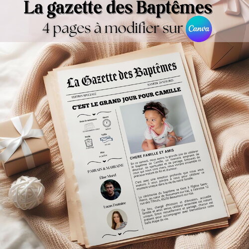 La gazette des baptêmes : 4 pages à personnalisé avec canva a4 et a3