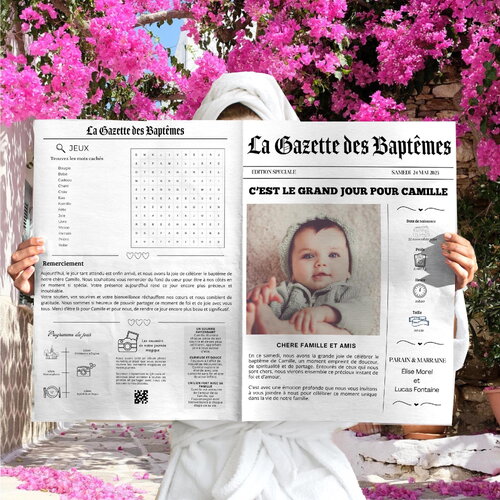 Baptêmes : la gazette des baptêmes : 4 pages à personnalisé avec canva a4 et a3