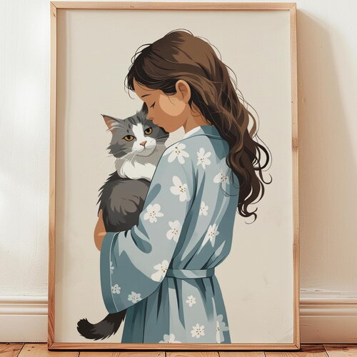 Poster affiche d’une fille et son chat