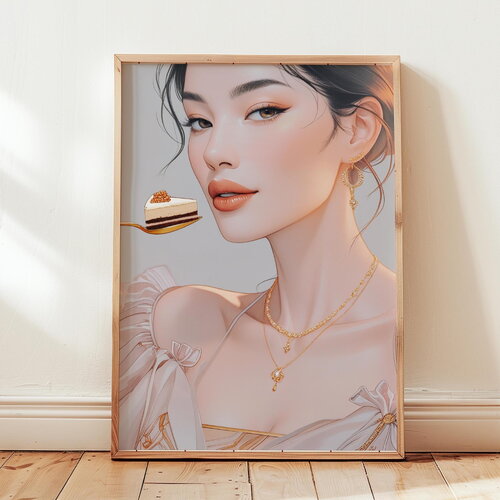 Poster dégustation de gâteau par une femme