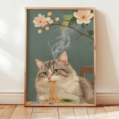 Poster chat dégustant des nouilles