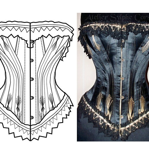 Ref g pdf fichier digital à charger en ligne patron relevé de corset ancien modèle à 5x2 goussets satin épais noir taille 66cm