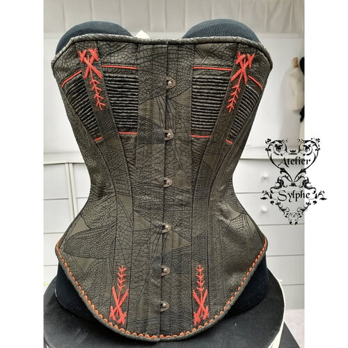 Corset mi-buste (26 pouces) avec un motif fantaisie de libellules foncées et des détails orange