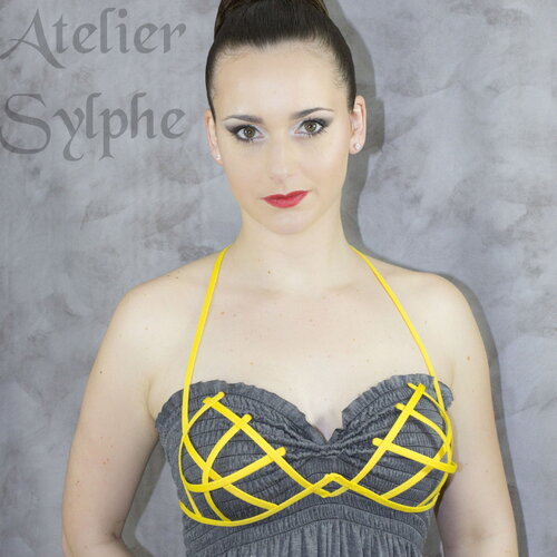 Soutien gorge cage grillage crinoline jaune et lien attache ruban cou et dos taille unique