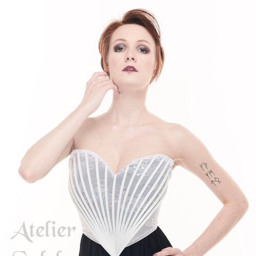 Bustier fantaisie façon crinoline éventail et resille sequin  blanc pour spectacle soirée