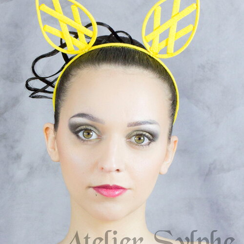 Serre tête cage oreille grillage crinoline jaune or sur cerceau taille unique