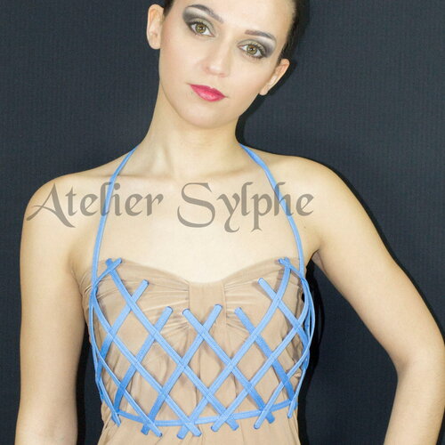 Plastron bustier soutien gorge cage grillage crinoline bleu et lien attache ruban taille unique