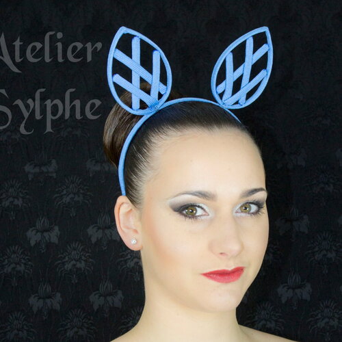 Serre tête cage oreille grillage crinoline bleu sur cerceau taille unique