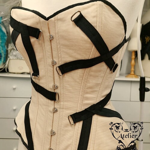 Corset overbust coutil broché fantaisie noir et or taille 80cm