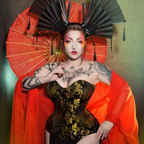 Corset overbust coutil broché fantaisie noir et or taille 80cm
