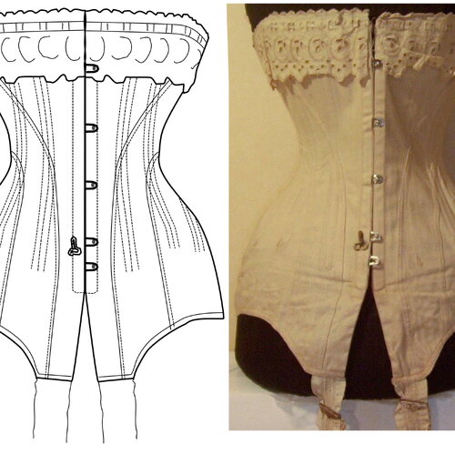 Ref l pdf fichier digital à charger en ligne patron pour un corset antique 6 panneaux forme longue taille 57cm