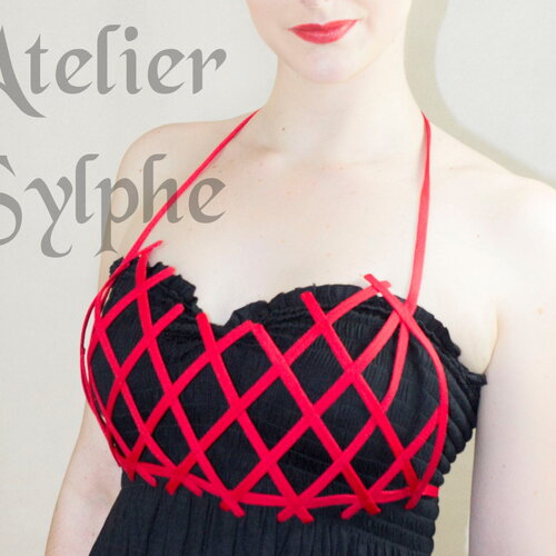 Plastron bustier soutien gorge cage grillage crinoline rouge et lien attache ruban taille unique