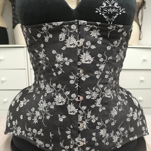 Corset underbust édouardien coutil noir motif floral blanc tour de taille fermé 61cm
