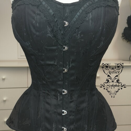 Tour de taille de 60 cm édouardien tulipe noire en coton et buste cintré avec baleines et dentelle