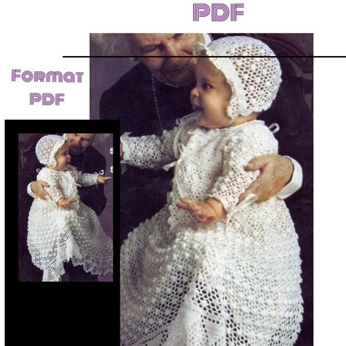 Vintage. offre spéciale.chic ensemble de baptêmes ( robe,bonnet)coton blanc  au crochet,pour bébé