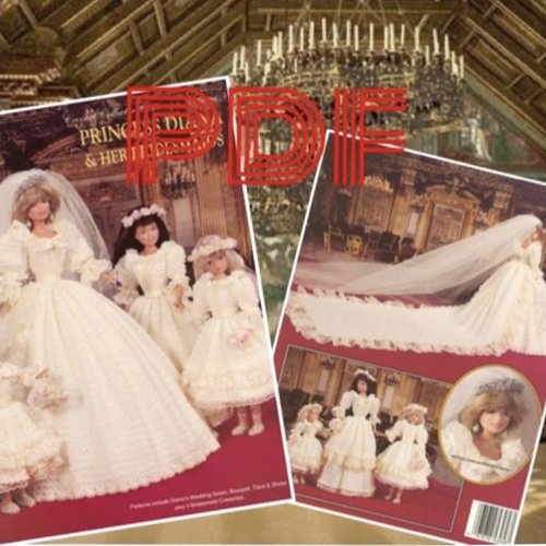 Modèles robe et accessoires mariage princesse diana ,dentelle au crochet pour barbie.pattern tutoriels anglais en format pdf