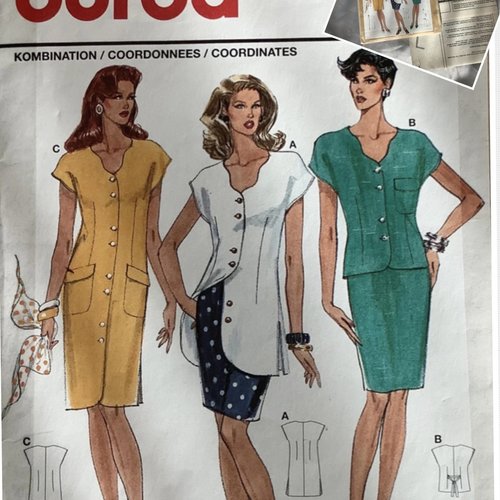 Vintage ans 70. magasin - paquet burda,3 patrons pour couture,papier vert,modèles robe,ensemble,tunique  pour femme