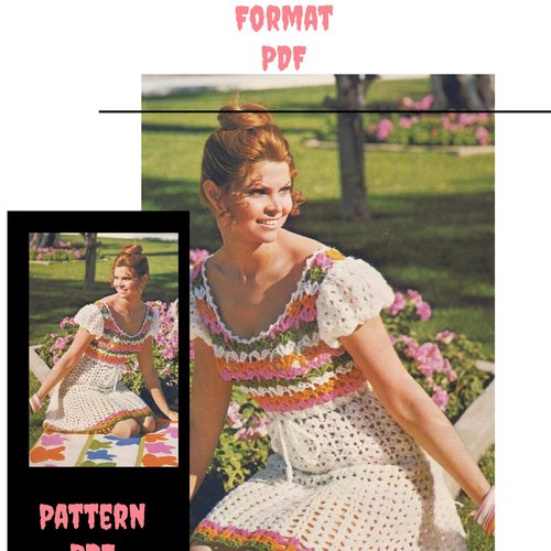 Modèle chic robe dentelles au crochet   pour femme .patron tutoriels anglais en format pdf +légende symbole anglaise /fran�