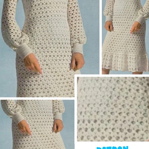 Vintage ans 80.modèle robe dentelles avec manches longues au crochet pour femme.patron -tutoriels en français format pdf