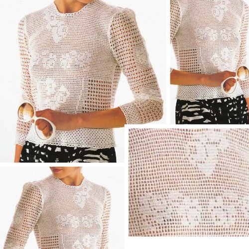 Modèle chic pull dentelles coton blanc au crochet, pour femme .patron tutoriels anglais en format pdf