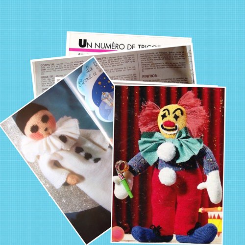 Offre spéciale.vintage amigurumis,2 modèles poupées clowns en tricot.patron avec tutoriels français.format pdf.